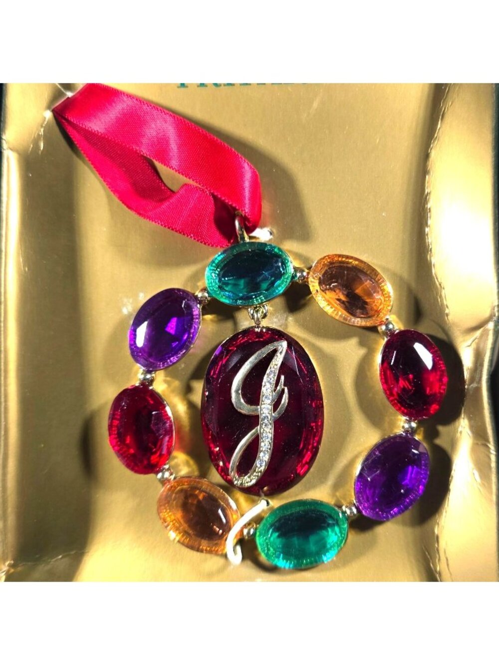 Trifari Christmas Ornament Red Ribbon Box holiday personalized gift monogram J